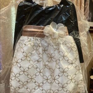 Girls Black and White Floral Waist Party Dress with Gold Accents NWT